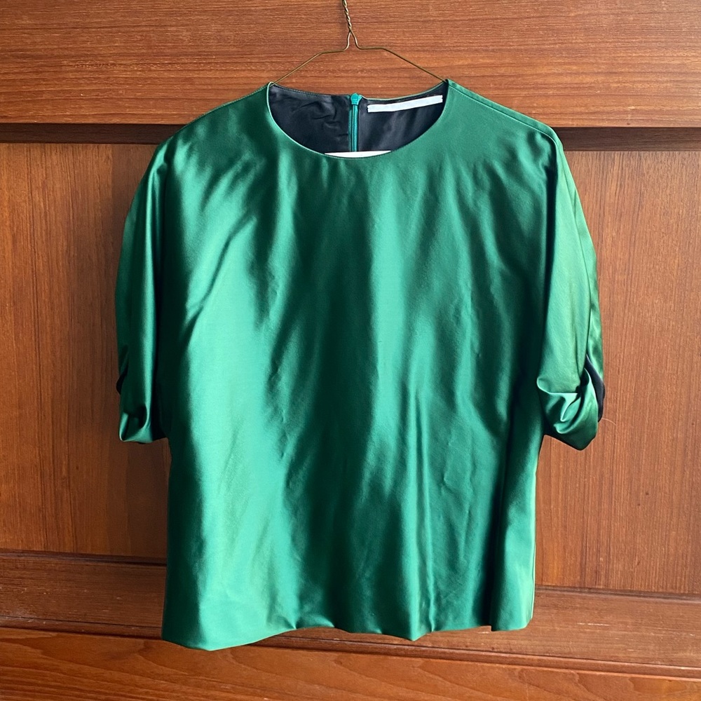 Rosetta Getty green stretch-satin blouse knotted puff sleeves size 4 MSRP $750